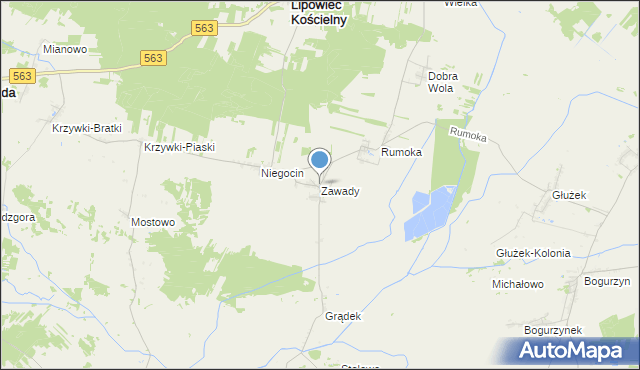 mapa Zawady, Zawady gmina Lipowiec Kościelny na mapie Targeo